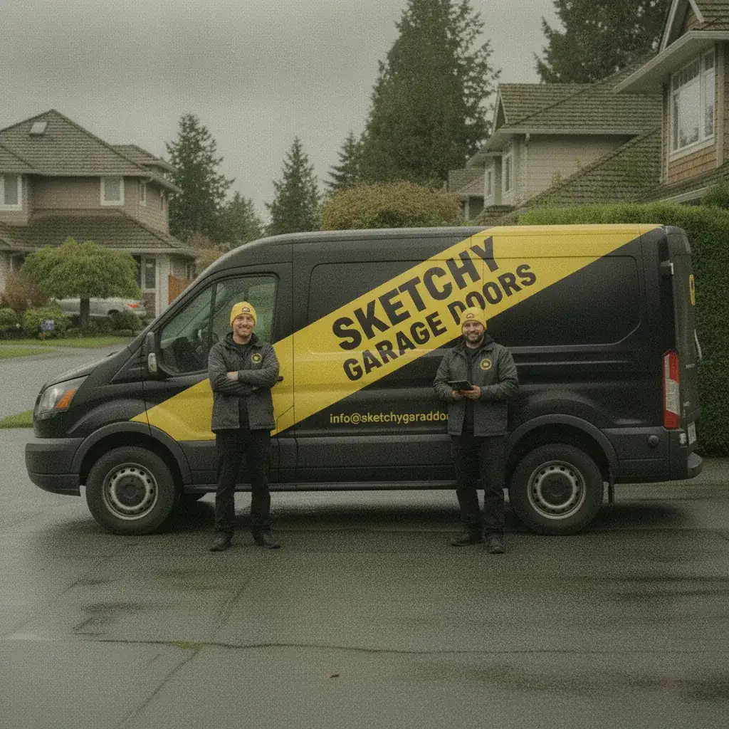 Two Sketchy Garage Doors technicians beside their branded van in Metro Vancouver