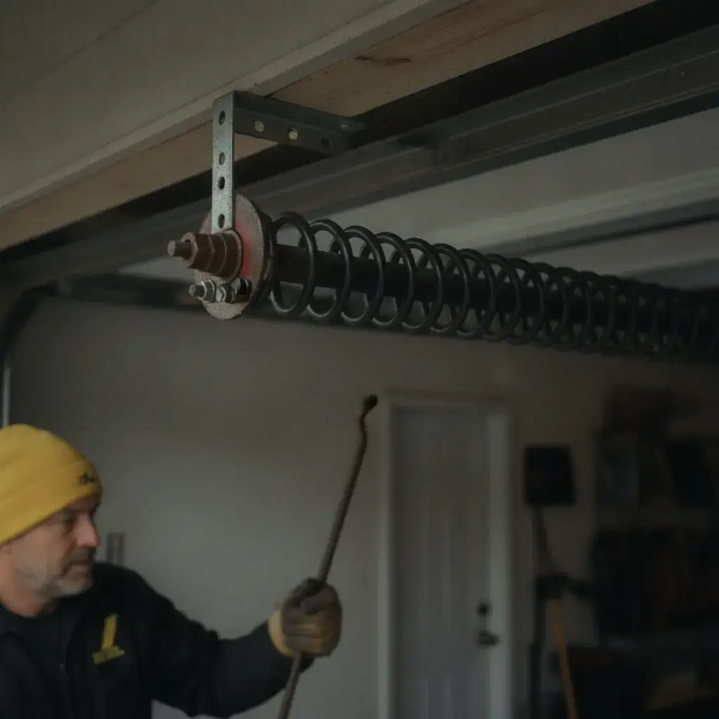 Torsion spring mounted on the shaft above a residential garage door