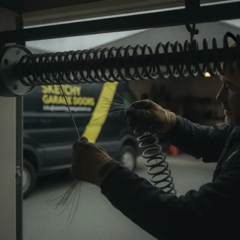 Cable repair — Sketchy Garage Doors technician at work in Metro Vancouver
