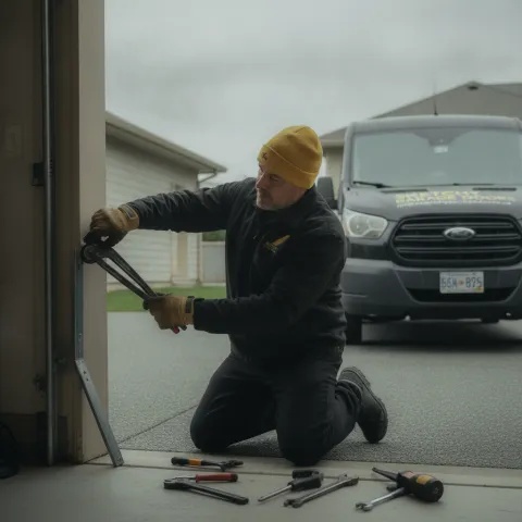 Off-track & rollers — Sketchy Garage Doors technician at work in Metro Vancouver