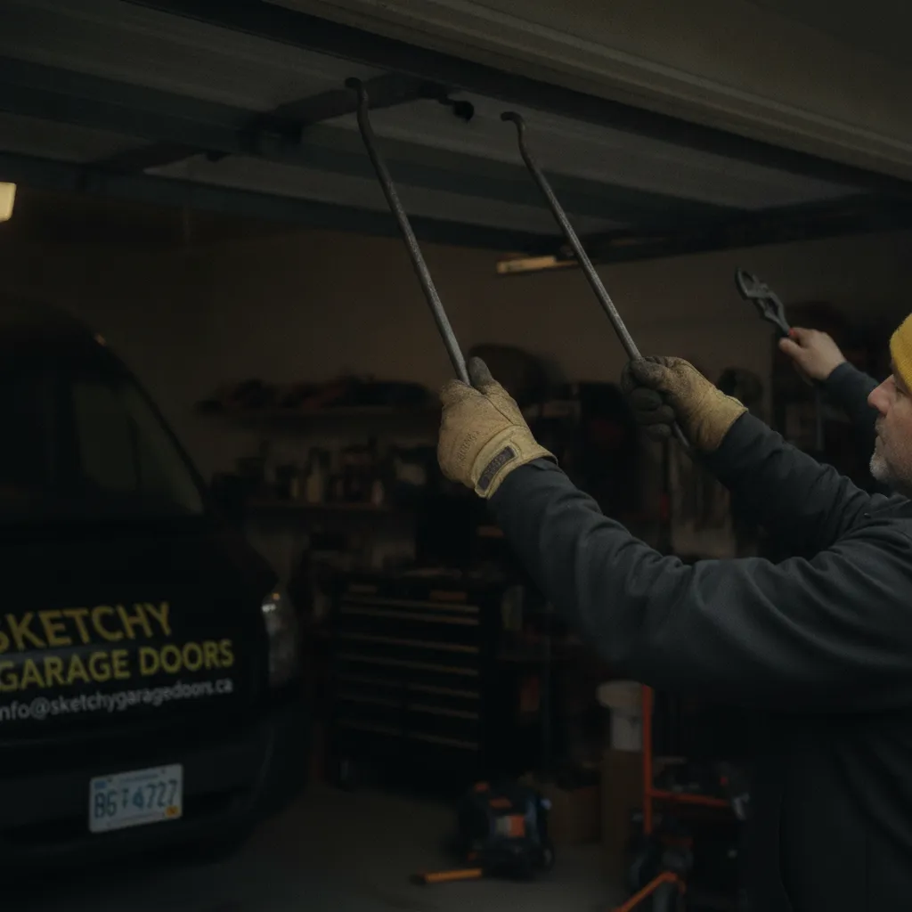 Technician replacing a broken garage door torsion spring in a Metro Vancouver garage